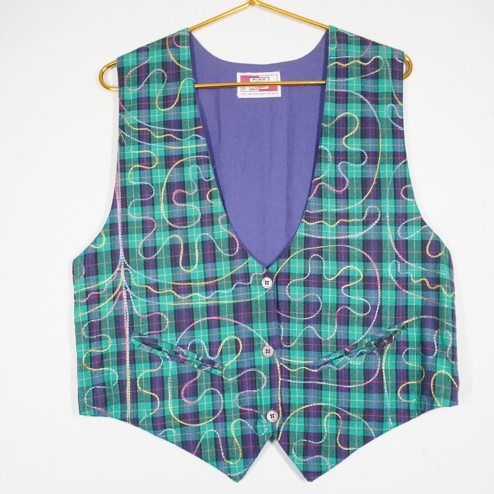 Vintage 90s Pink On Pink Plaid Vest Womens M Green Purple Embroidered Teacher